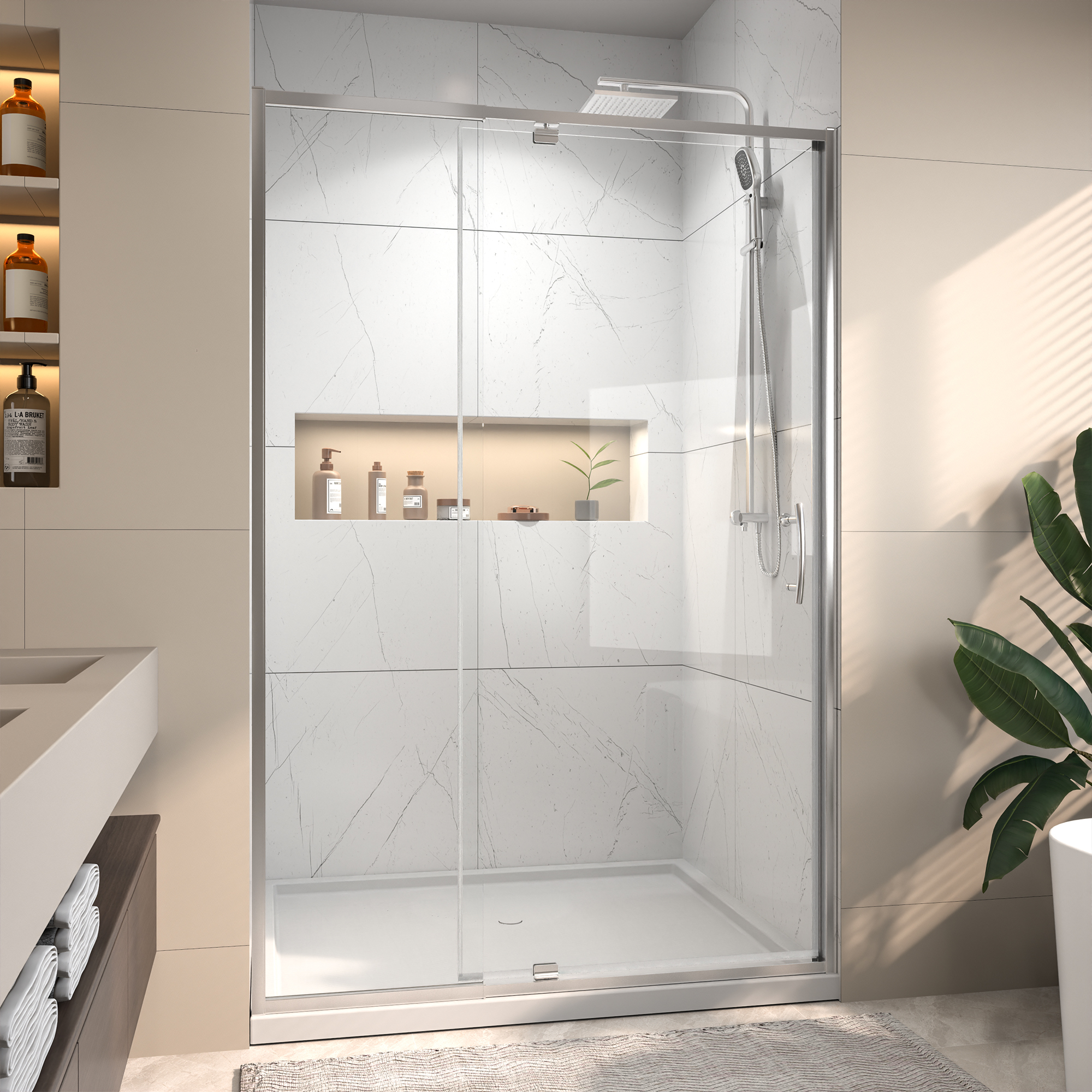 44 in. - 48 in. W x 71 in. H Pivot Framed Shower Door in Chrome Finish with Clear Glass