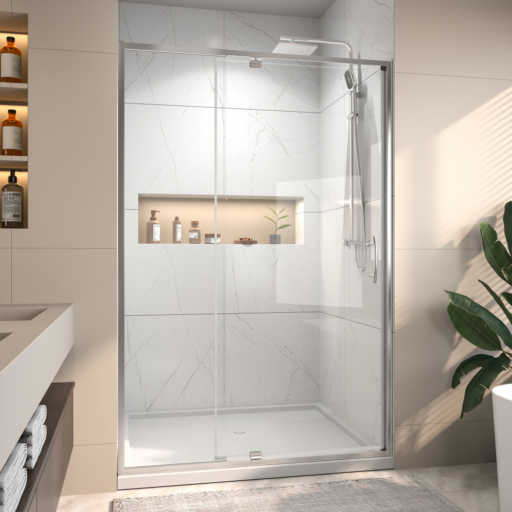 44 in. - 48 in. W x 71 in. H Pivot Framed Shower Door in Chrome Finish with Clear Glass
