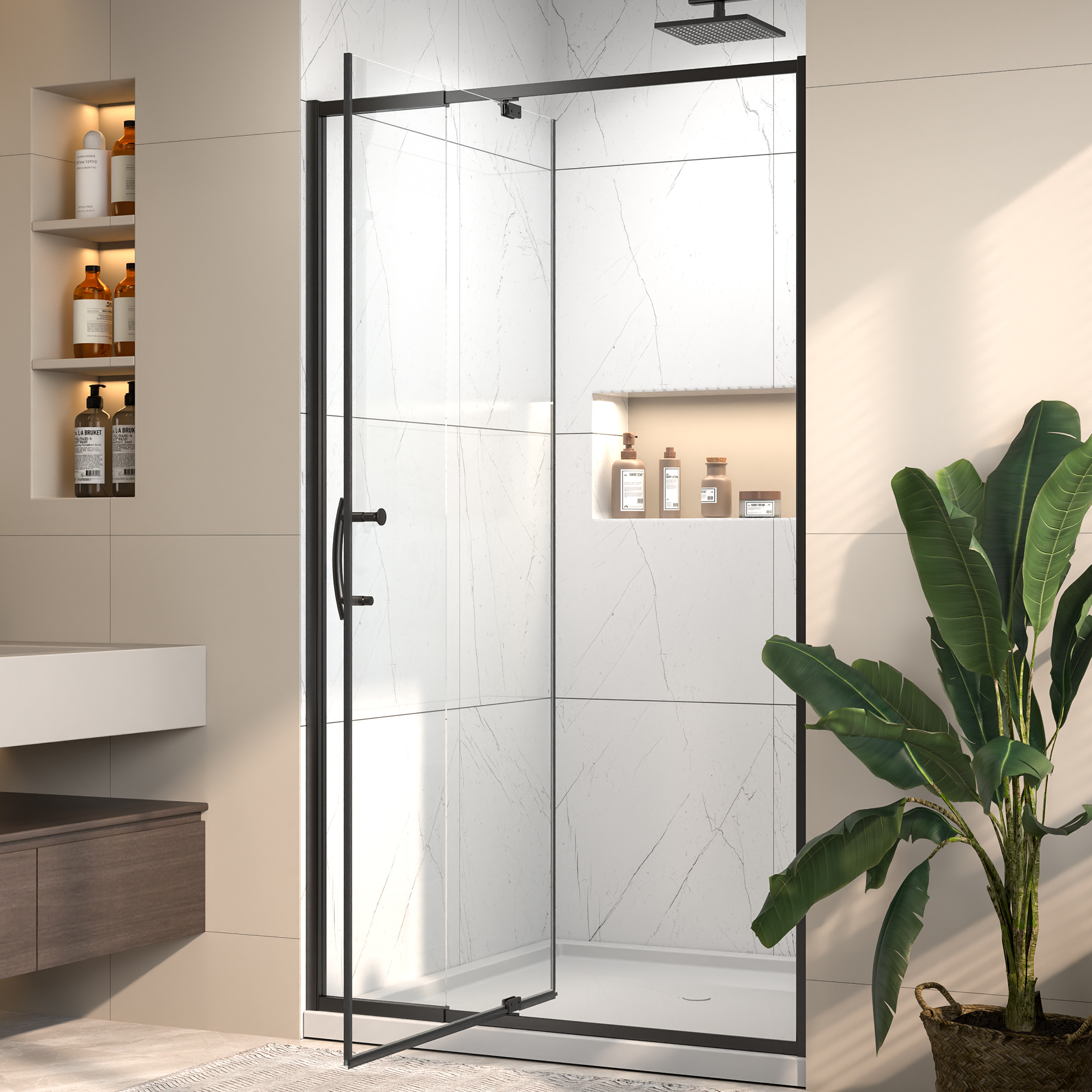 38 in. - 42 in. W x 71 in. H Pivot Framed Shower Door in Matte Black Finish with Clear Glass