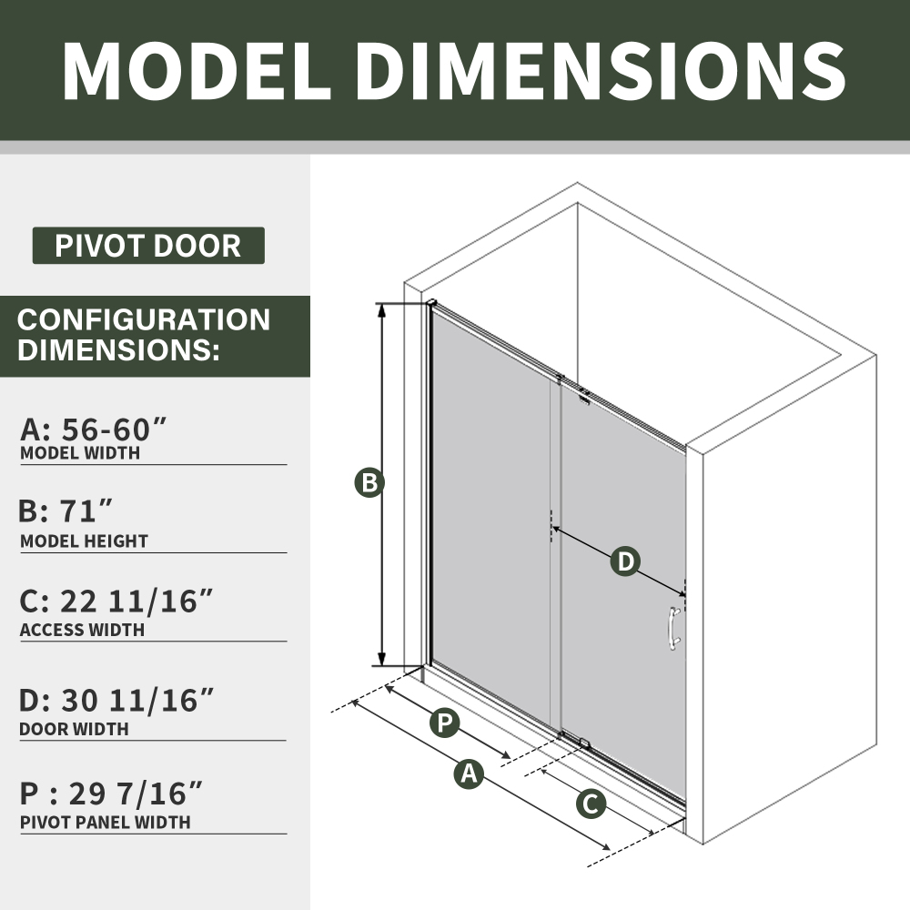 56 in. - 60 in. W x 71 in. H Pivot Framed Shower Door in Matte Black Finish with Clear Glass