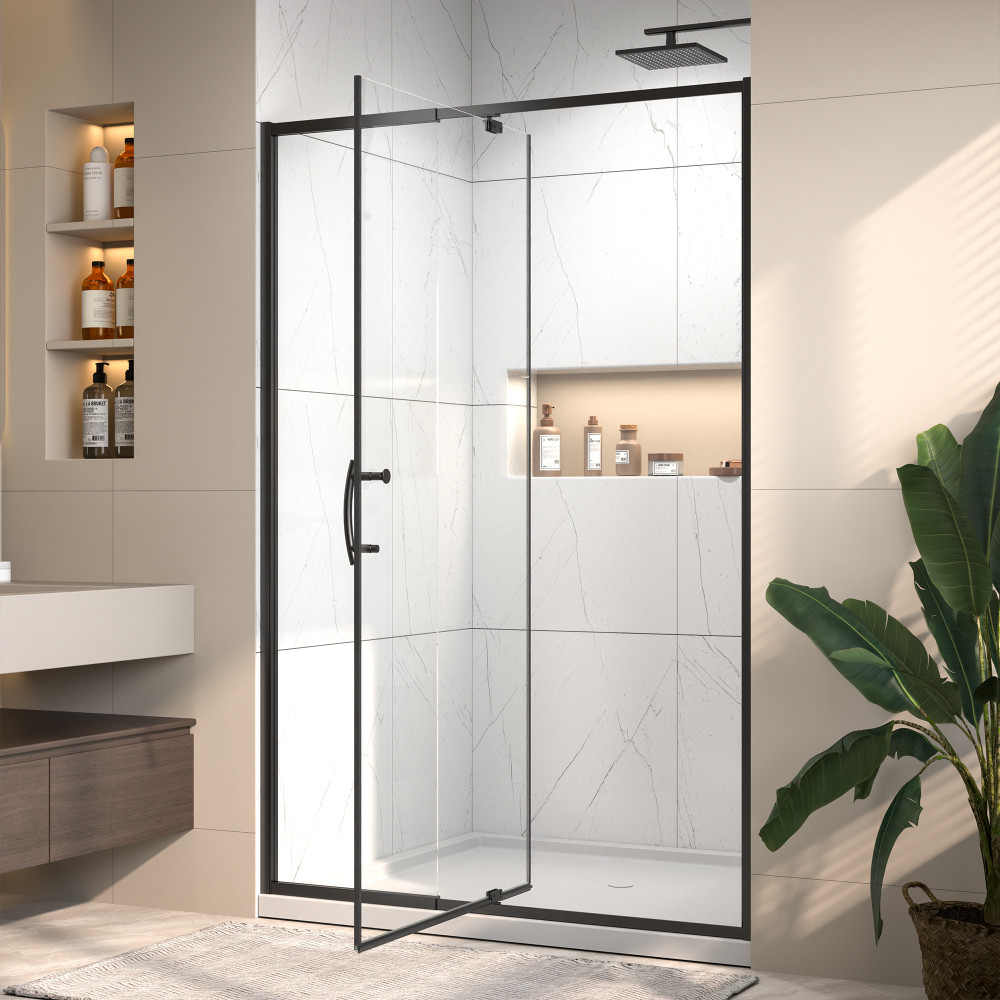 44 in. - 48 in. W x 71 in. H Pivot Framed Shower Door in Matte Black Finish with Clear Glass