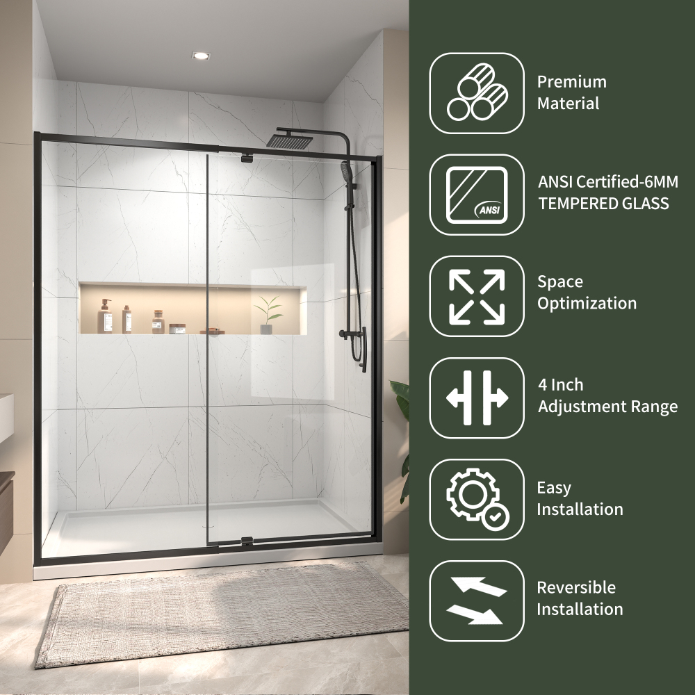 56 in. - 60 in. W x 71 in. H Pivot Framed Shower Door in Matte Black Finish with Clear Glass
