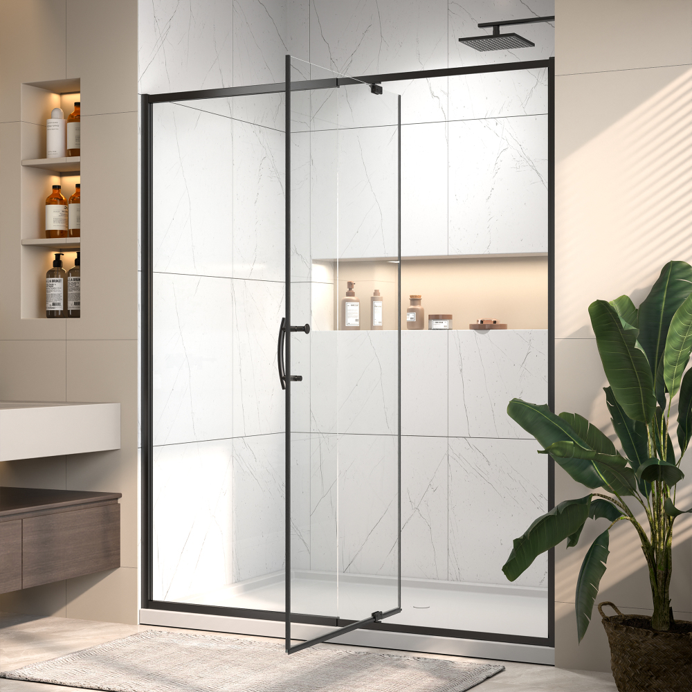 56 in. - 60 in. W x 71 in. H Pivot Framed Shower Door in Matte Black Finish with Clear Glass