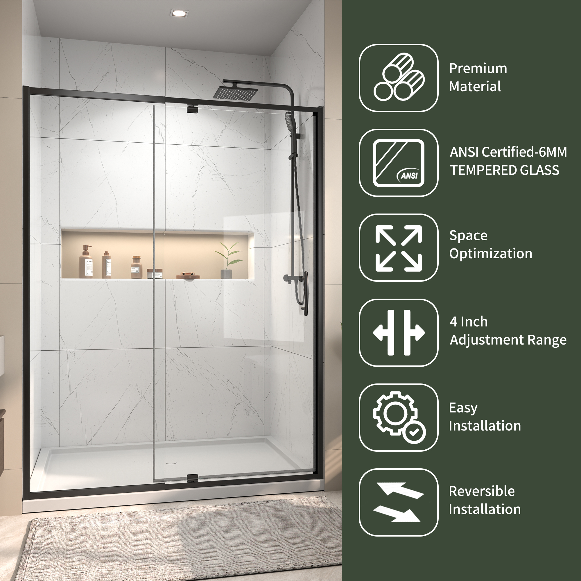 50 in. - 54 in. W x 71 in. H Pivot Framed Shower Door in Matte Black Finish with Clear Glass