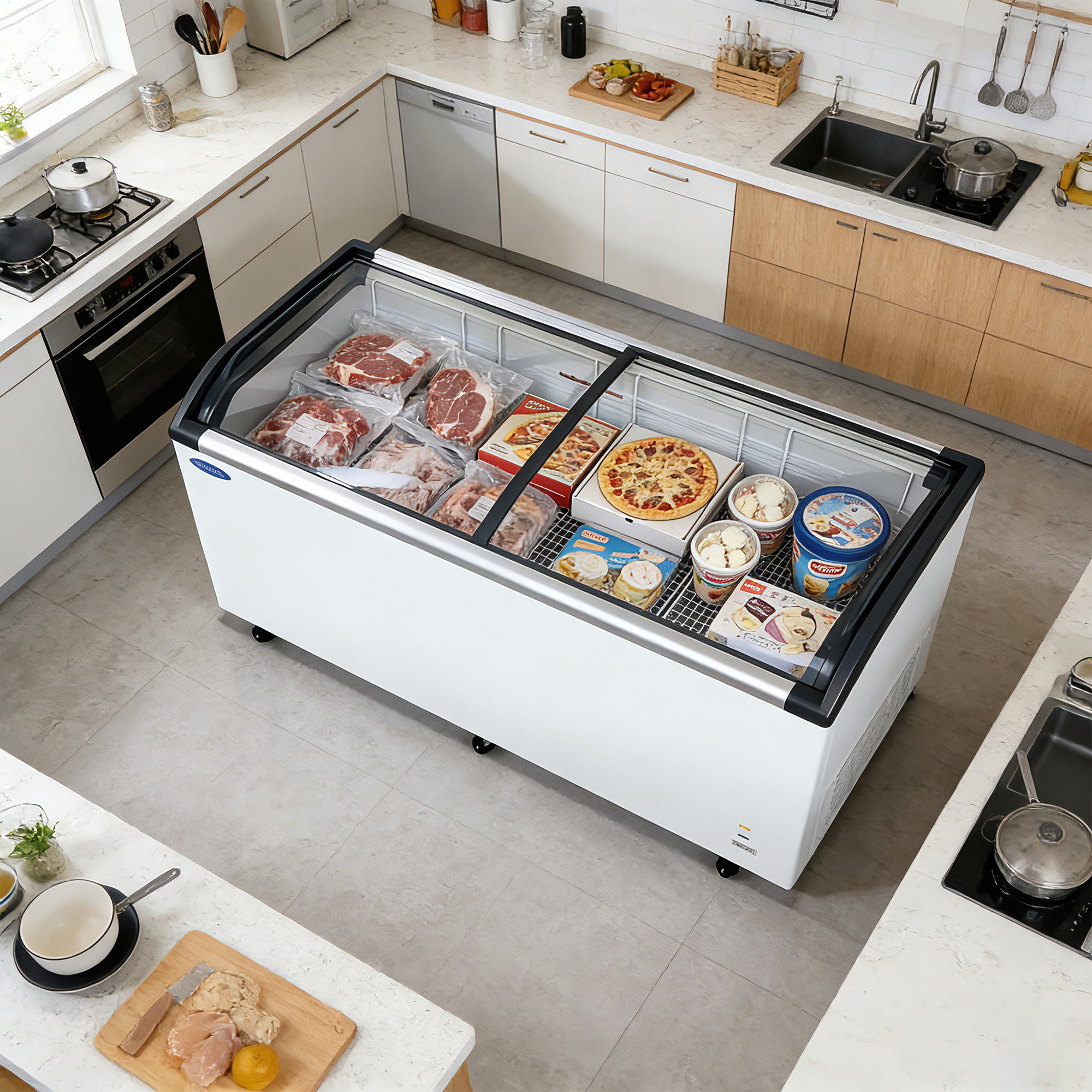 Xspracer Top Display Freezer 19.3 Cu.ft Sliding Glass Lid Ice Cream Freezers Commercial Mobile Chest Freezer with LED Lighting