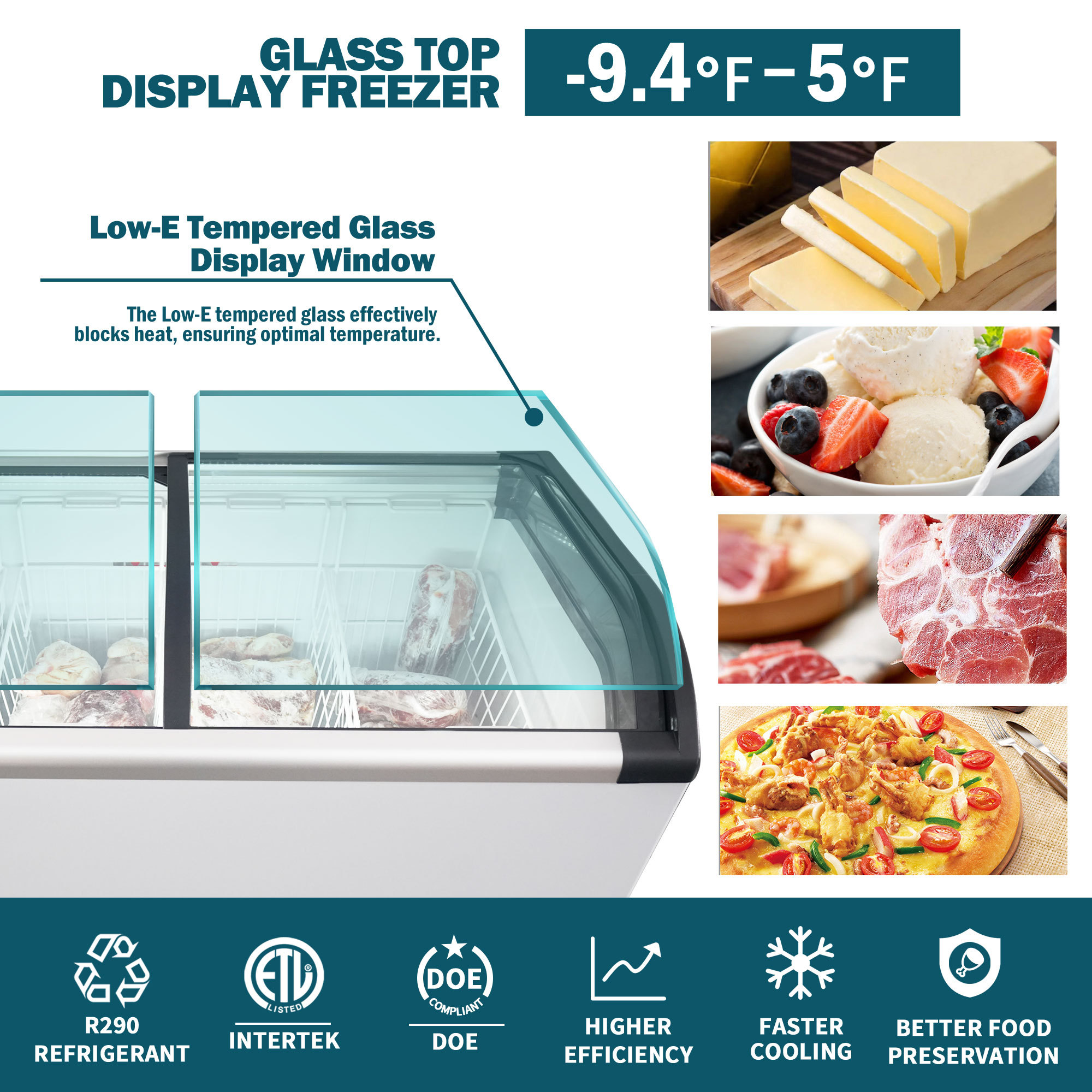 Xspracer Top Display Freezer 9.8 Cu.ft Sliding Glass Lid Ice Cream Freezers Commercial Mobile Chest Freezer with LED Lighting