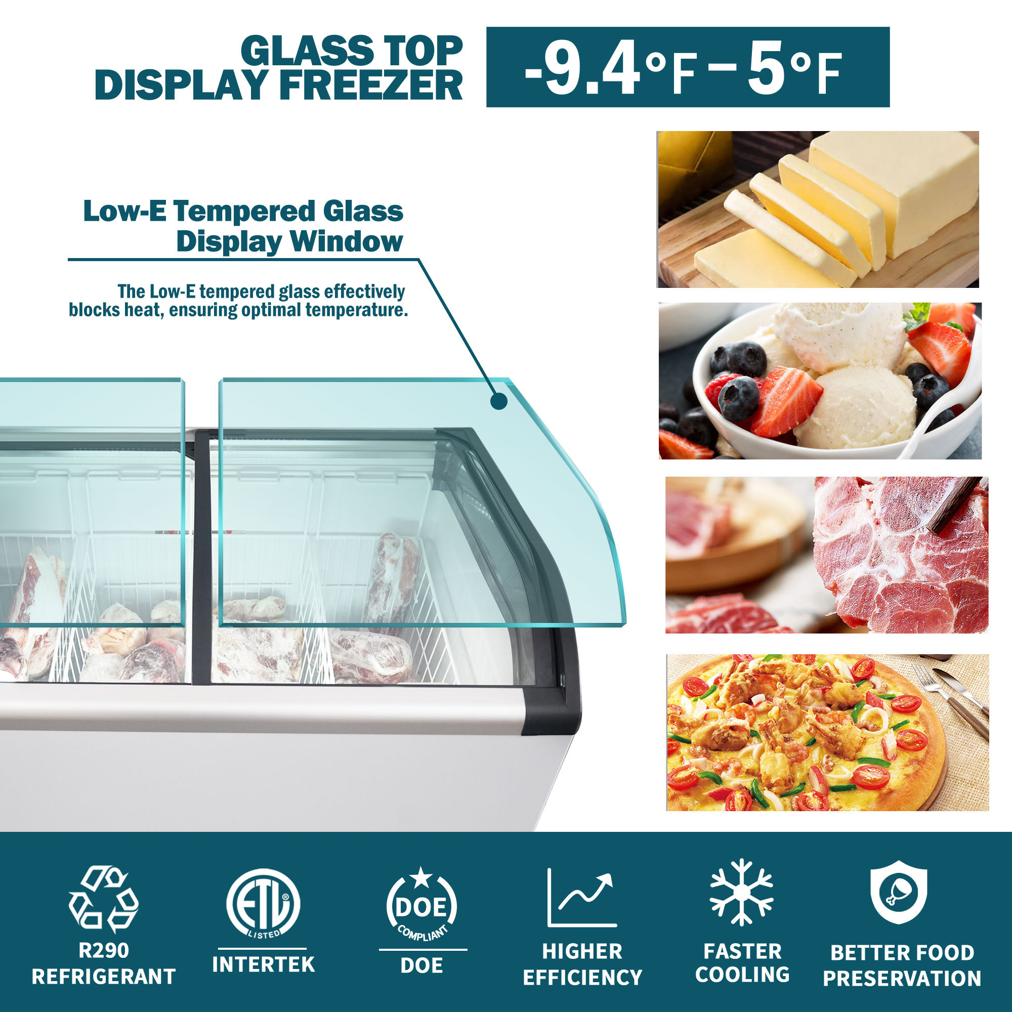 Xspracer Top Display Freezer 4.6 Cu.ft Sliding Glass Lid Ice Cream Freezers Commercial Mobile Chest Freezer with LED Lighting