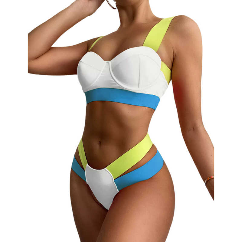 White Contrast Steel Boned Bandage Bikini Set TQF610001-1