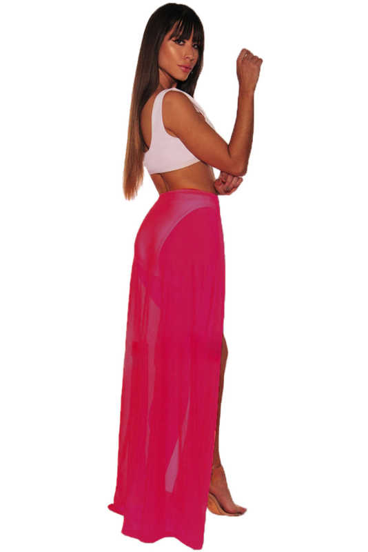 Neon Red Mesh Slit Cover Up Belted Maxi Skirt