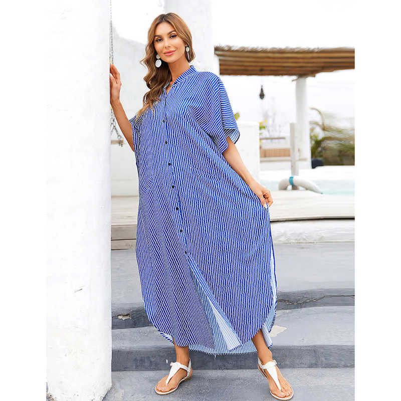 Blue White Button-down Holiday Beach Kimono Dress with Pocket TQK650094-9