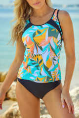 Sky Blue Palm Leaves Print Sleeveless Tankini Swimsuit LC415356-204