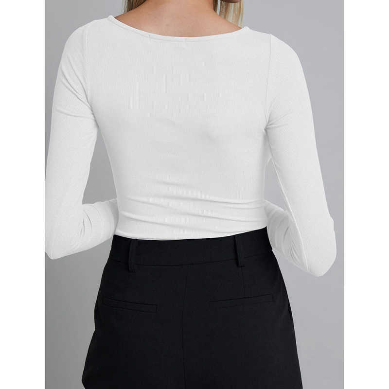 White Ribbed Cut-out Long Sleeve Bodysuit TQV220110-1