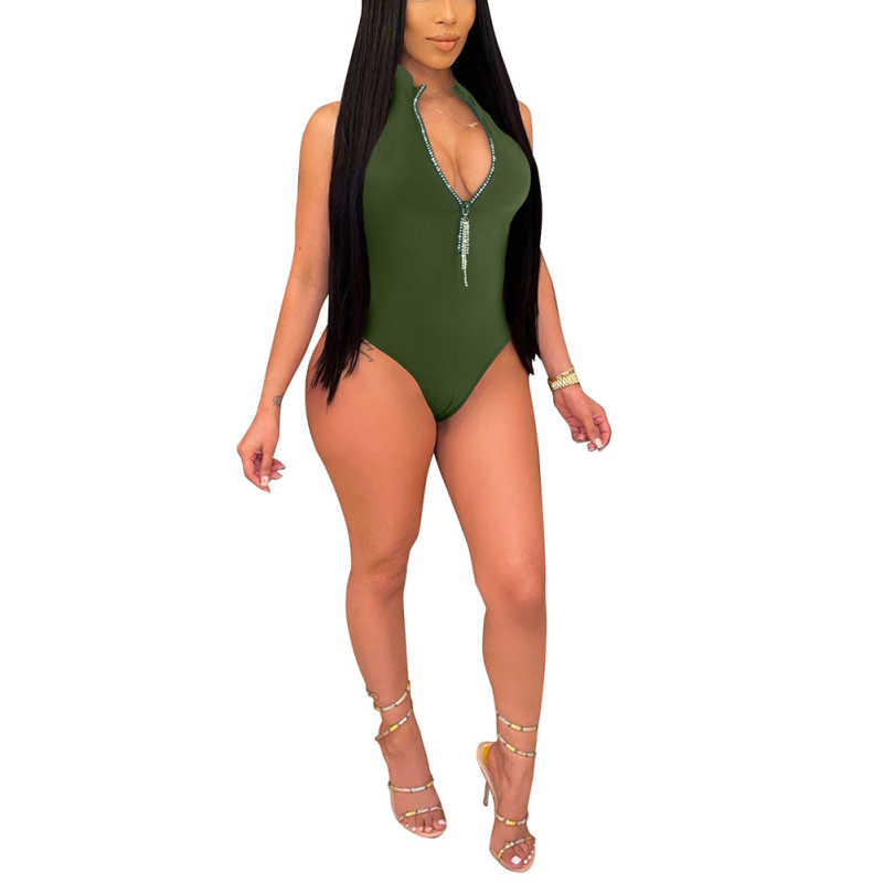 Green Diamond Tassel Zipper Sleeveless Bodysuit TQV250001-9