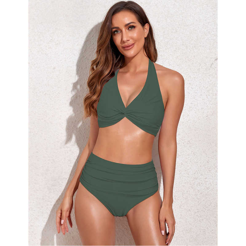 Army Green Solid Front Twist Halter Bikini Swimsuit TQK610321-27