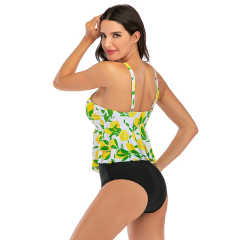 Light Green Floral Print Cross Ruffled  Tankini Set TQK610148-28