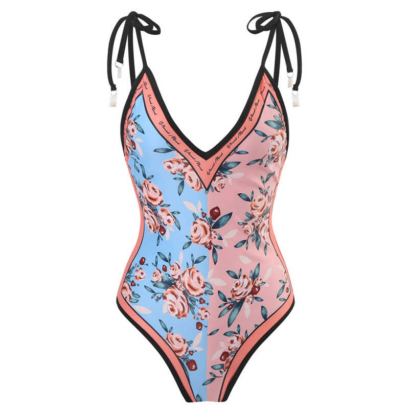 Pink Double Sided Printing V Neck One Piece Swimsuit TQX620039-10