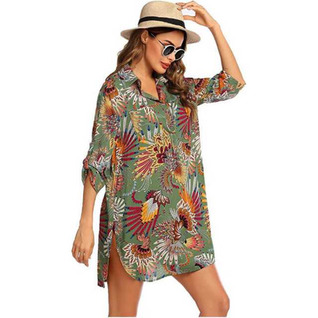 Light Green Print Shirt Style Beach Cover Dress TQK650072-28