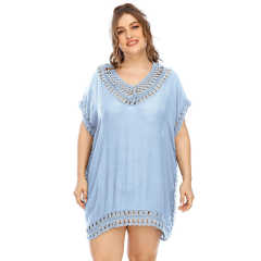 Light Blue V Neck Spliced Beach Cover Up TQK650106-30
