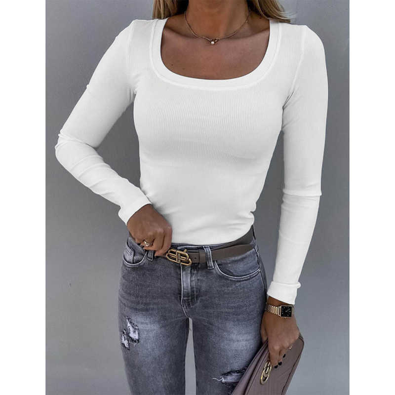 White U Neck Ribbed Long Sleeve Bodysuit TQV220126-1
