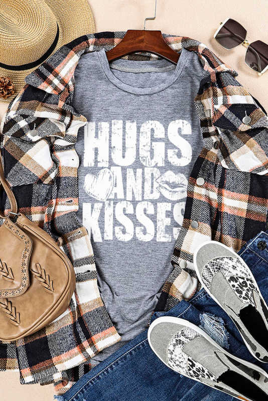 Gray HUGS AND KISSES Valentines Graphic Print Tee LC25219491-11