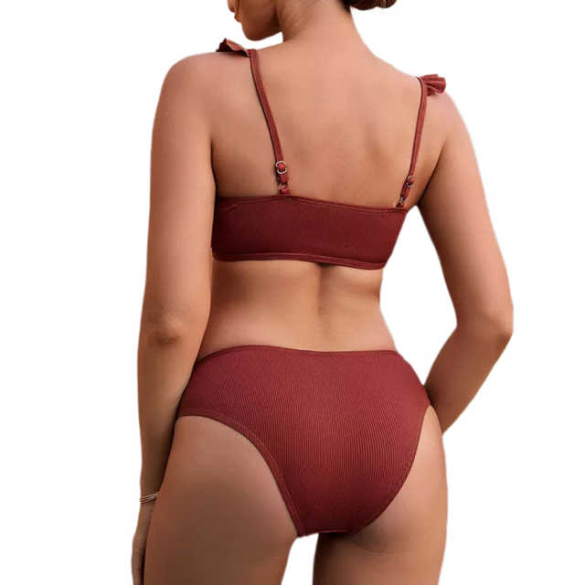 Wine Red Ruffle Detail Lace-up Bikini Set TQX610006-23