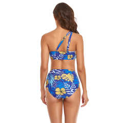 Blue Printed One Shoulder Ruffle Bikini Swimwear TQK610299-5