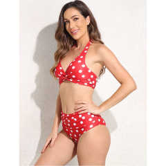 Red Polka Dot Front Twist Halter Bikini Swimsuit TQK610321-3