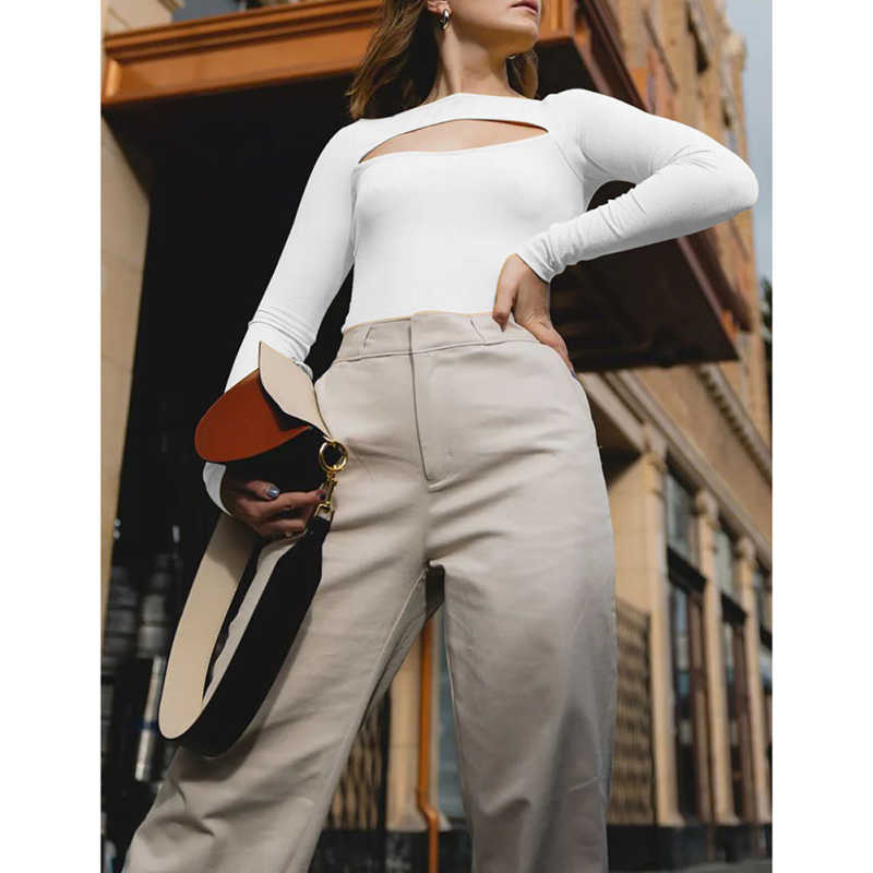 White Ribbed Cut-out Long Sleeve Bodysuit TQV220110-1