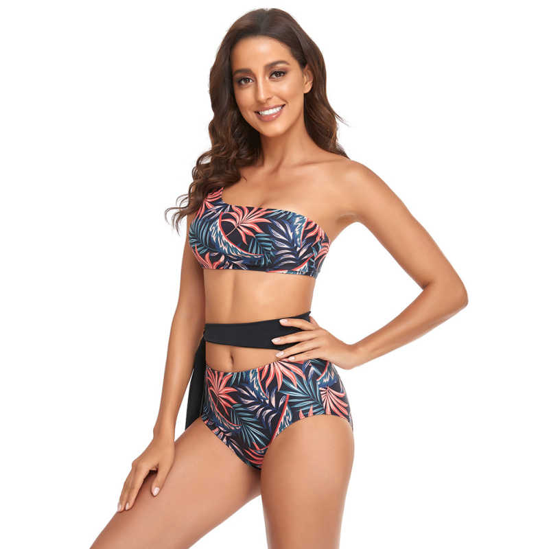 Red One Shoulder Tie Waist Bikini Swimwear TQK610297-3
