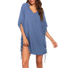 Blue V Neck Drawstring Beach Cover Dress TQK650071-5