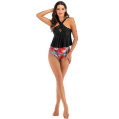 Black Floral Print Bottom Cross Ruffled  Tankini Set TQK610148-2