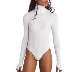 White Ribbed High Collar Long Sleeve Bodysuit TQV220125-1