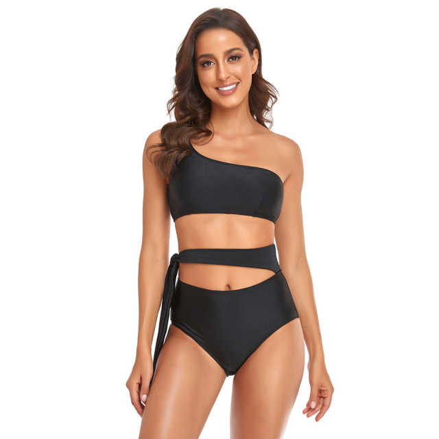 Black One Shoulder Tie Waist Bikini Swimwear TQK610297-2