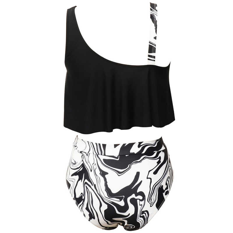 Black Ruffle Printed Bottom Tankini Swimwear Set TQK610298-2