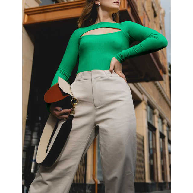 Green Ribbed Cut-out Long Sleeve Bodysuit TQV220110-9