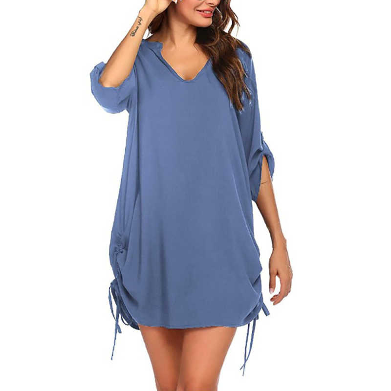 Blue V Neck Drawstring Beach Cover Dress TQK650071-5