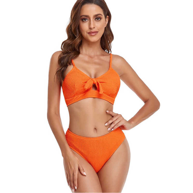 Orange Knot Cut-out Wave Textured Bikini TQK610339-14