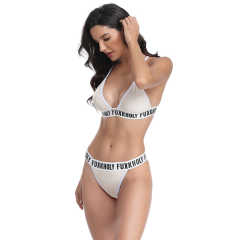 Beige Letters Print Bandage Bikini Set TQK610204-46