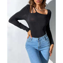 Black Rib Asymetrical Slim Fit Long Sleeve Bodysuit TQV220135-2