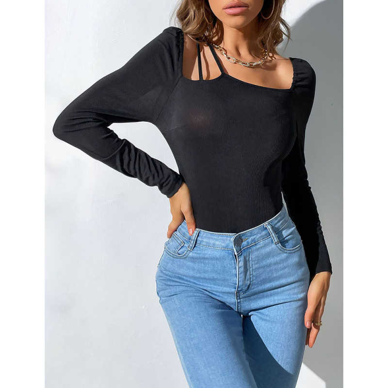 Black Rib Asymetrical Slim Fit Long Sleeve Bodysuit TQV220135-2