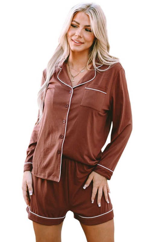 Brown Contrast Pipings Long Sleeve Shorts Pajamas Set  LC15587-17