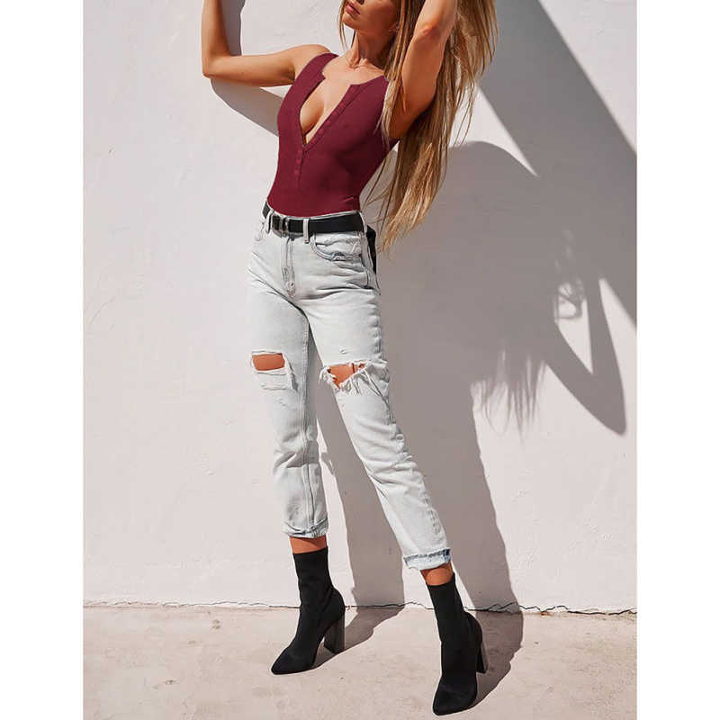 Wine Red Button-up Rayon Sleeveless Bodysuit TQK550296-23