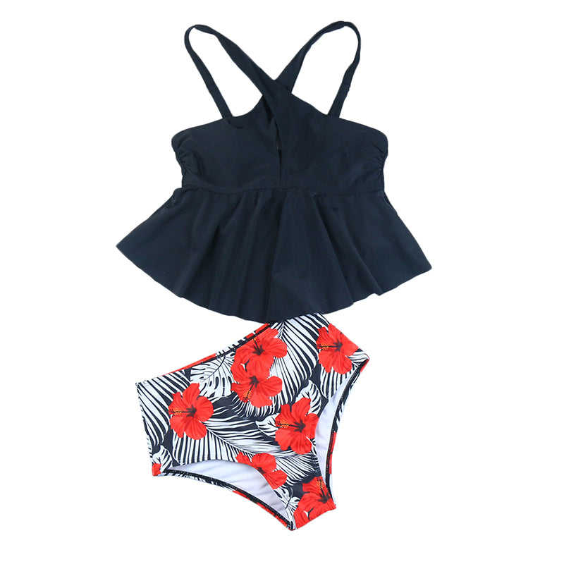 Black Floral Print Bottom Cross Ruffled  Tankini Set TQK610148-2
