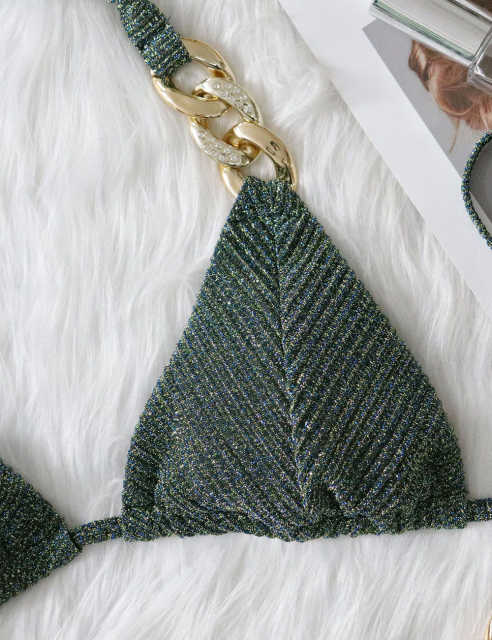 Army Green Diamond Chains 2pcs Bikini Swimsuit TQK610326-27