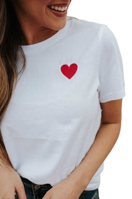 White Valentines Heart Pattern Embroidery T Shirt LC25219543-1