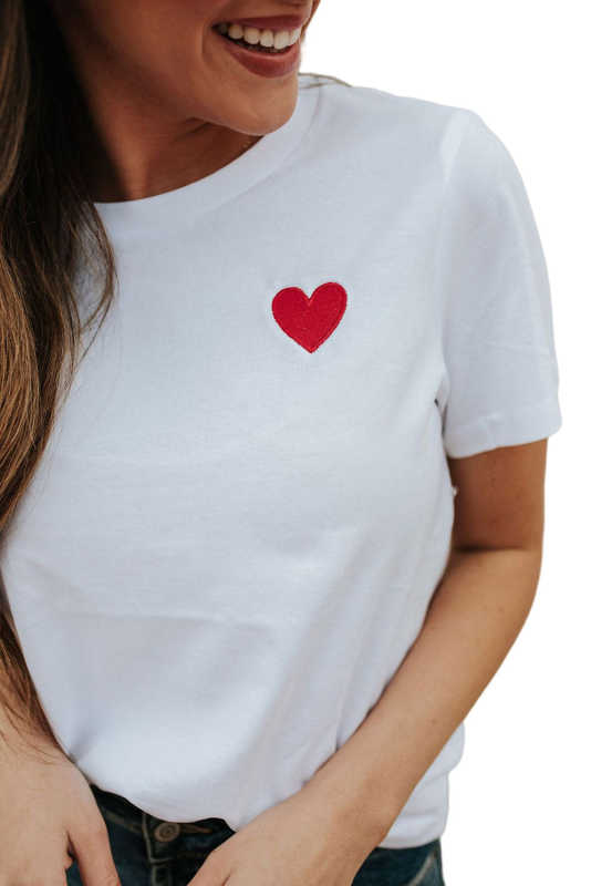 White Valentines Heart Pattern Embroidery T Shirt LC25219543-1
