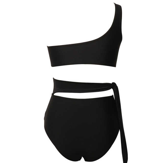 Black One Shoulder Tie Waist Bikini Swimwear TQK610297-2