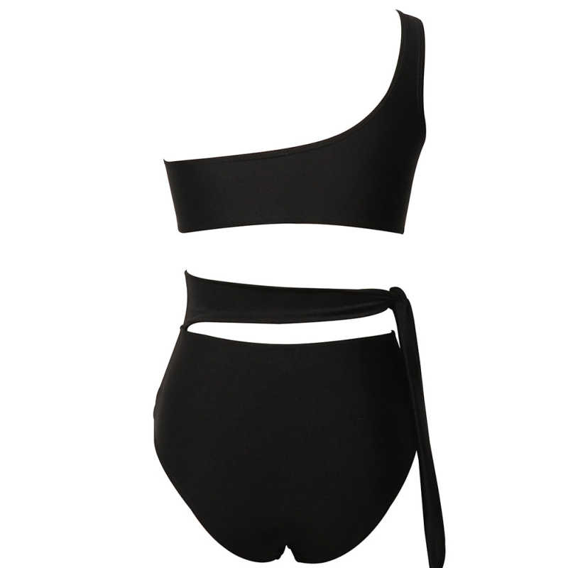 Black One Shoulder Tie Waist Bikini Swimwear TQK610297-2