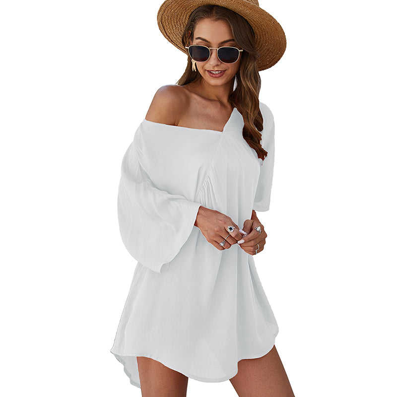 White V Neck Casual Beach Dress TQK310241-1