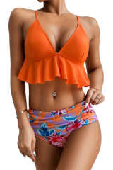 Orange Floral Frill Bikini Set LC433309-14